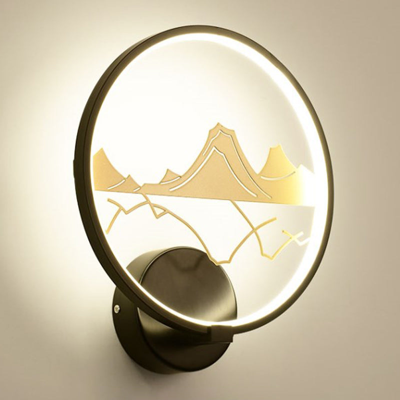 Asia Style Led Wall Light With Mountain Pattern - Black Circular Mount