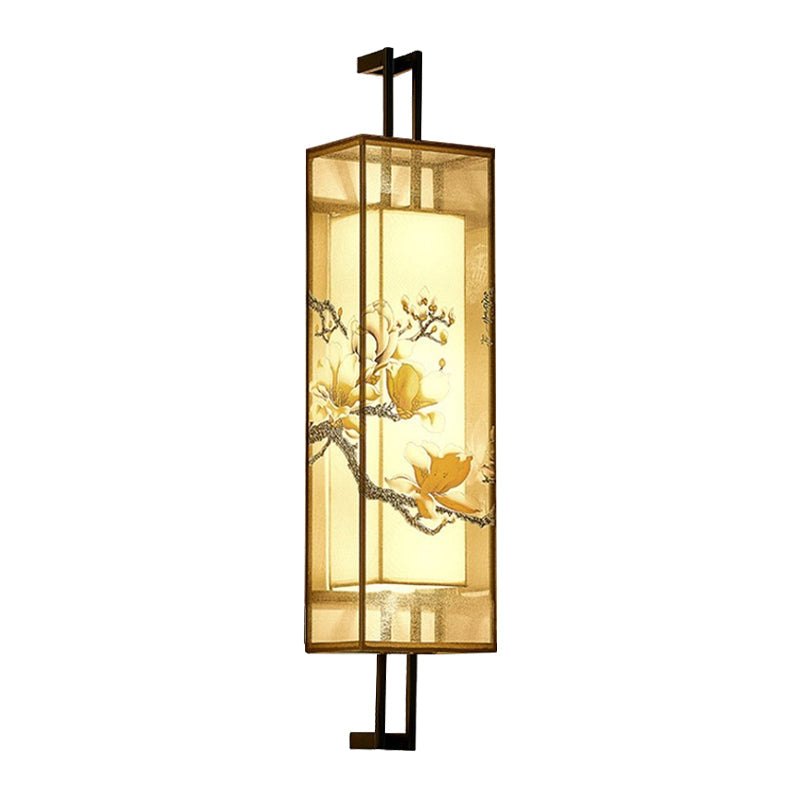 Oriental Fabric Wall Light With Lotus Leaf/Branch Pattern - 2-Head Cuboid Shape In Black