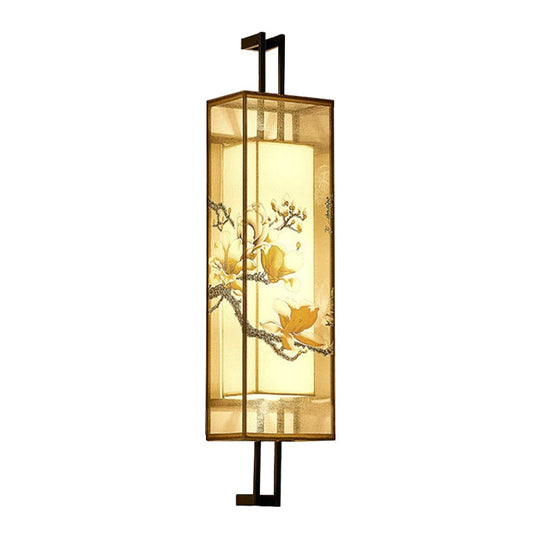 Oriental Fabric Wall Light With Lotus Leaf/Branch Pattern - 2-Head Cuboid Shape In Black