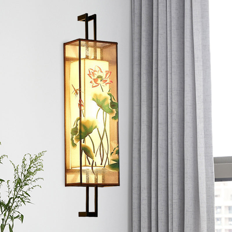 Oriental Fabric Wall Light With Lotus Leaf/Branch Pattern - 2-Head Cuboid Shape In Black