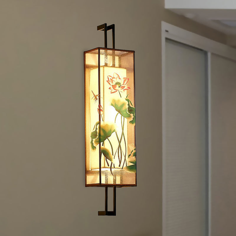 Oriental Fabric Wall Light With Lotus Leaf/Branch Pattern - 2-Head Cuboid Shape In Black