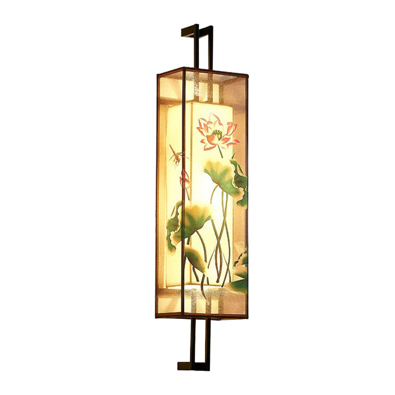 Oriental Fabric Wall Light With Lotus Leaf/Branch Pattern - 2-Head Cuboid Shape In Black