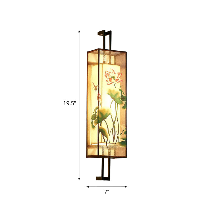 Oriental Fabric Wall Light With Lotus Leaf/Branch Pattern - 2-Head Cuboid Shape In Black