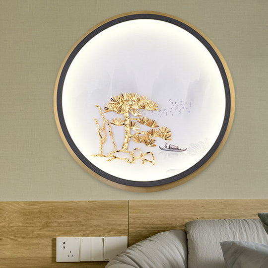 Chinese-Style Led Pine Tree Wall Mural Lights For A Rustic Guest Room