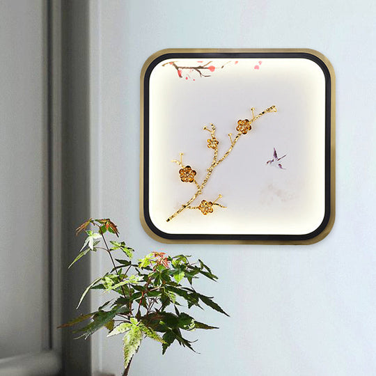 Asia Led Gold Wall Lamp With Plum Blossom Pattern - Metal Square/Rectangle Lighting Fixture