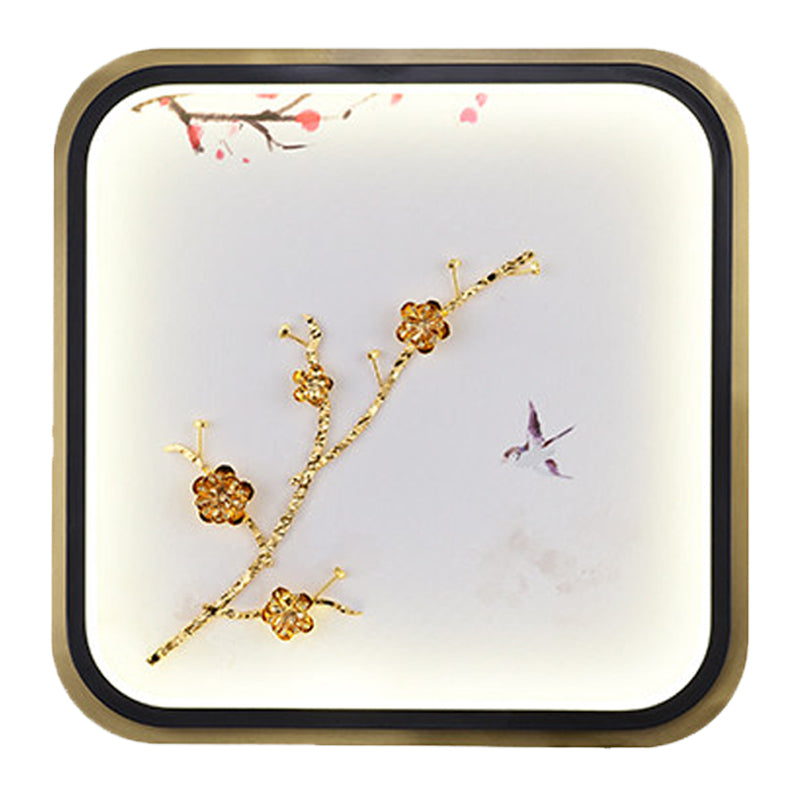 Asia Led Gold Wall Lamp With Plum Blossom Pattern - Metal Square/Rectangle Lighting Fixture