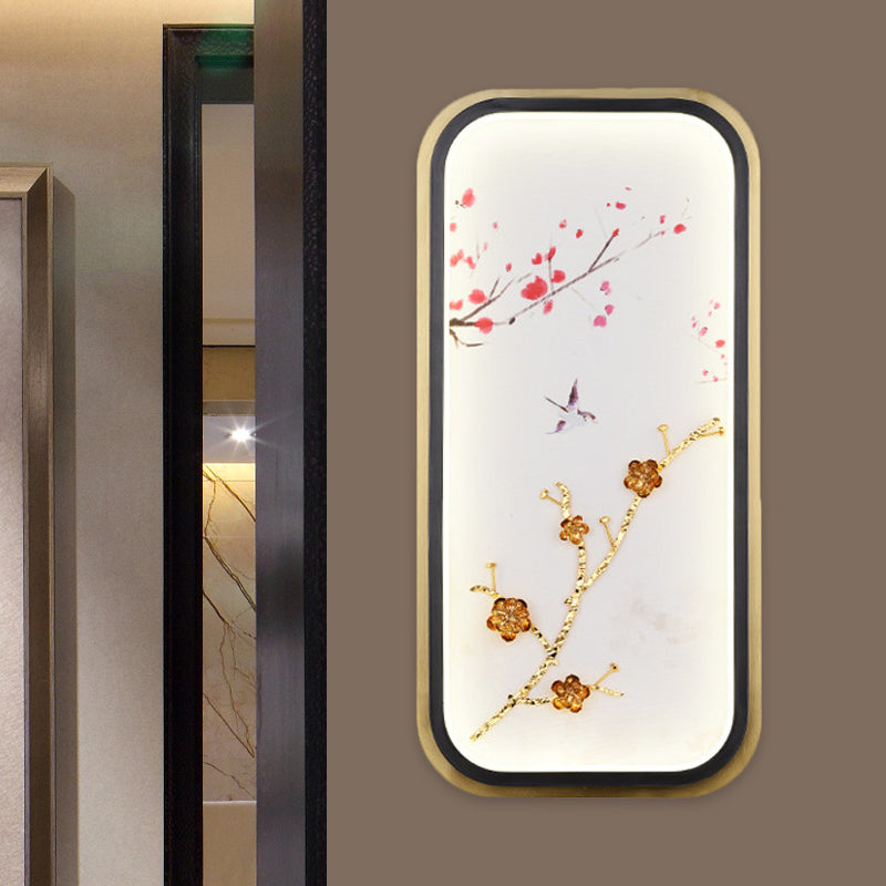 Asia Led Gold Wall Lamp With Plum Blossom Pattern - Metal Square/Rectangle Lighting Fixture /