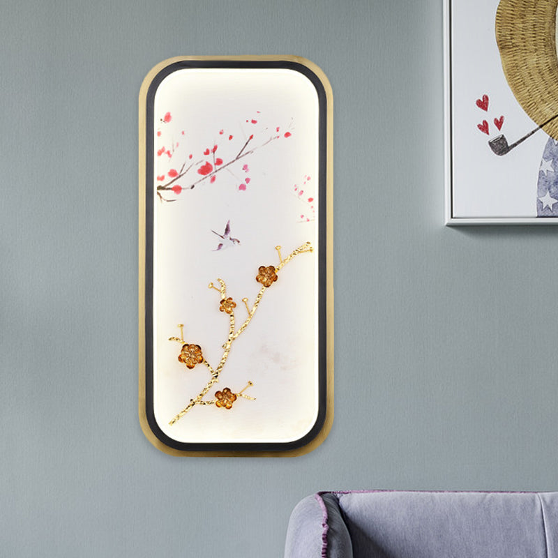 Asia Led Gold Wall Lamp With Plum Blossom Pattern - Metal Square/Rectangle Lighting Fixture