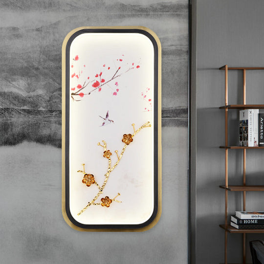 Asia Led Gold Wall Lamp With Plum Blossom Pattern - Metal Square/Rectangle Lighting Fixture