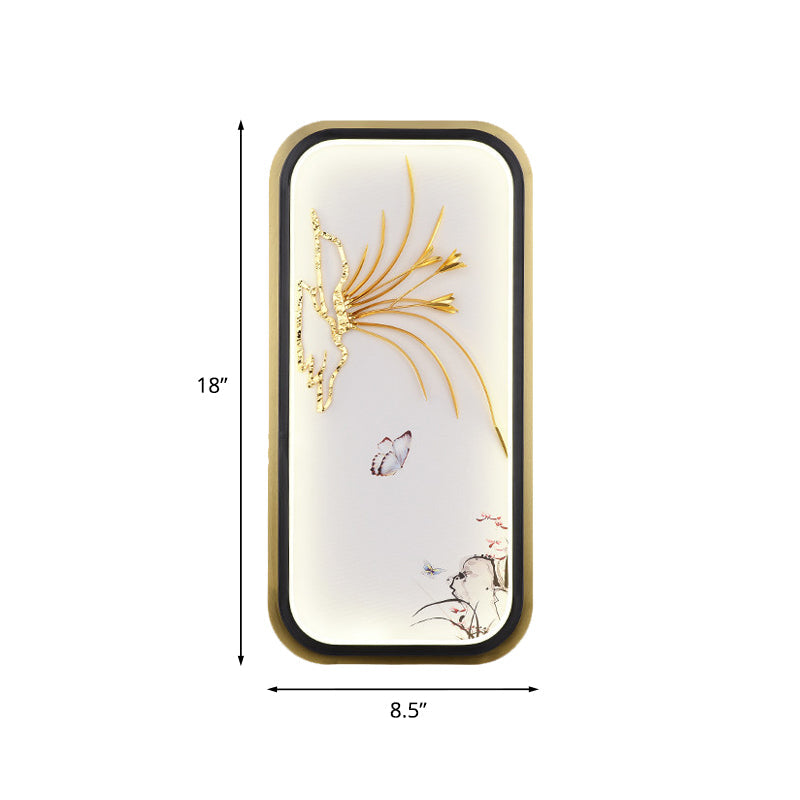 Chinese Style Led Wall Mounted Lamp: Gold Mural Light With Butterfly & Leaf Pattern