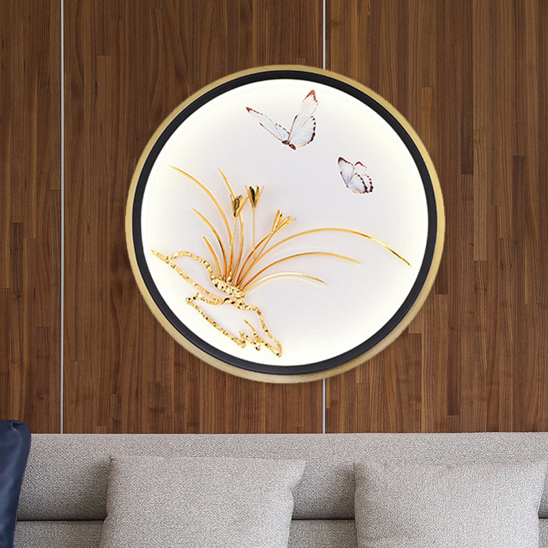 Chinese Style Led Wall Mounted Lamp: Gold Mural Light With Butterfly & Leaf Pattern