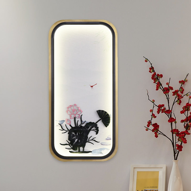 Chinese Lotus Led Wall Light In Black/Gold: Square/Rectangle Metallic Mural Lighting