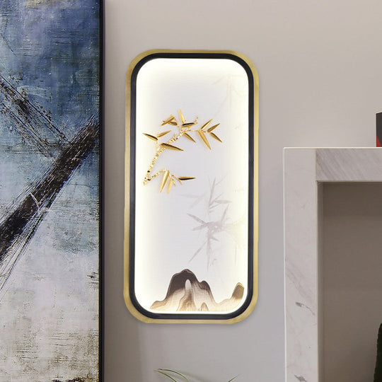 Oriental Style Led Wall Lamp In Gold With Bamboo And Mountain Pattern For Bedroom / Rectangle