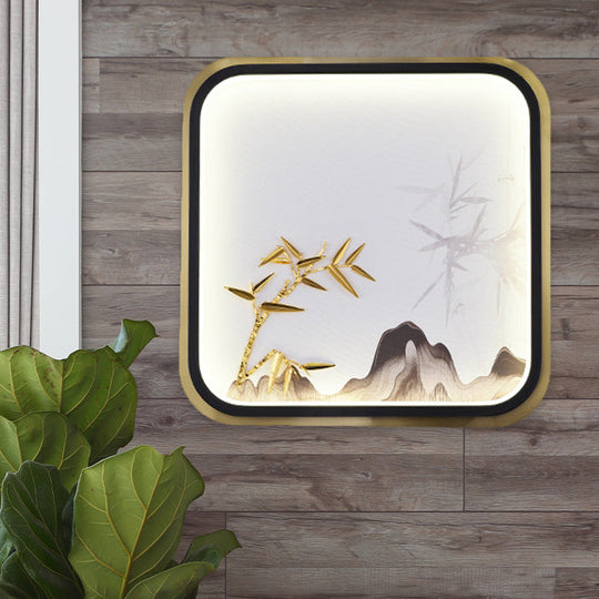 Oriental Style Led Wall Lamp In Gold With Bamboo And Mountain Pattern For Bedroom / Square