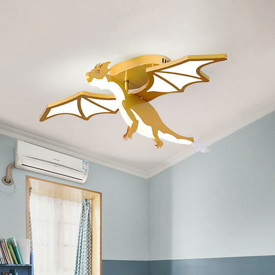 Gold Cartoon Pterosaur Kids LED Semi-Flush Lamp for Bedroom