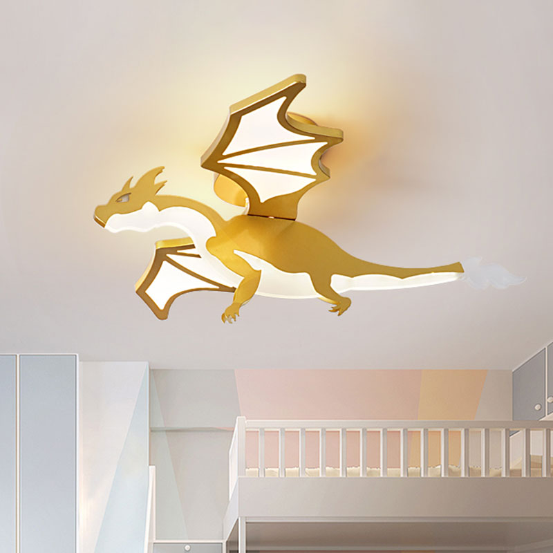 Gold Cartoon Pterosaur Kids LED Semi-Flush Lamp for Bedroom