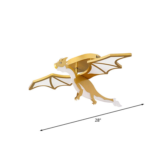 Gold Cartoon Pterosaur Kids LED Semi-Flush Lamp for Bedroom