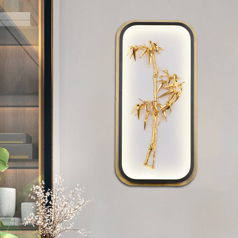 Chinese Style Bamboo Leaf Wall Light With Metallic Led Gold Finish For Corridor / A