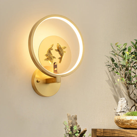 Asia Style Led Brass Double Fish Mural Lamp: Metallic Wall Mount Lighting