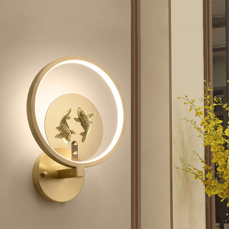 Asia Style Led Brass Double Fish Mural Lamp: Metallic Wall Mount Lighting