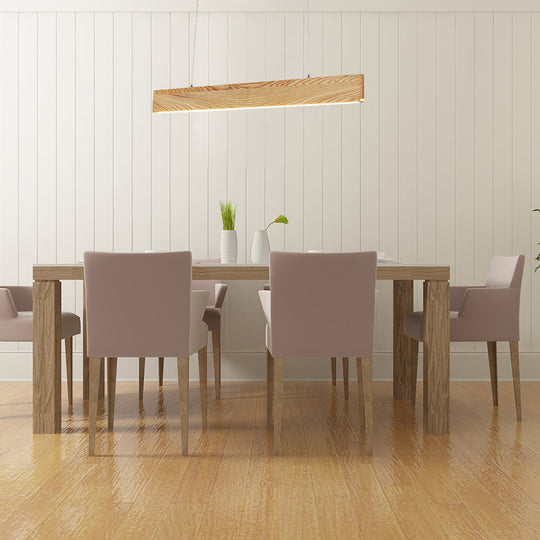 Wide Pendant Light With Linear Wood Shade - 23/35/47 For Dining Room Beige Led Hanging Lamp In