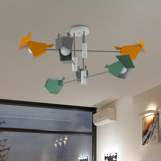 Metal Bird-Like Semi Flush Light Fixture - 6 Lights - Grey-Yellow-Green Ceiling Lamp