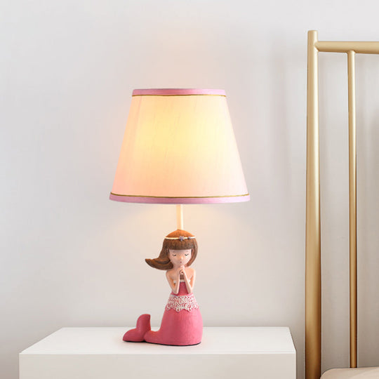 Aludra - Pink Cartoon Single Desk Light with Barrel Shade Fabric Pink Finish Girl Night Table Lamp