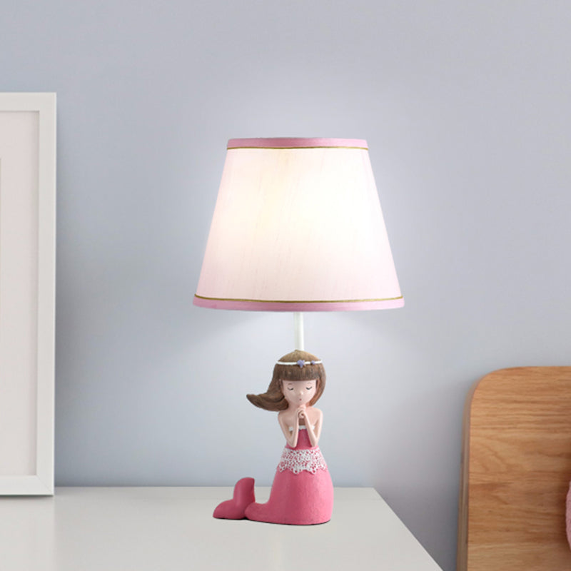 Aludra - Pink Cartoon Single Desk Light with Barrel Shade Fabric Pink Finish Girl Night Table Lamp