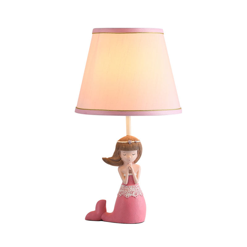 Cartoon Single Desk Light - Pink Fabric Barrel Shade Finish Girl Night Table Lamp