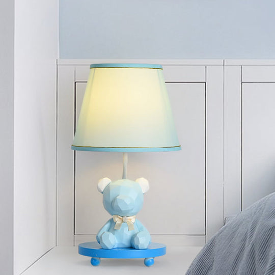 Zoe - Cartoon Barrel Shade Bedside Table Lamp Fabric 1 Bulb Cartoon Bear Nightstand Lighting in Blue/Pink