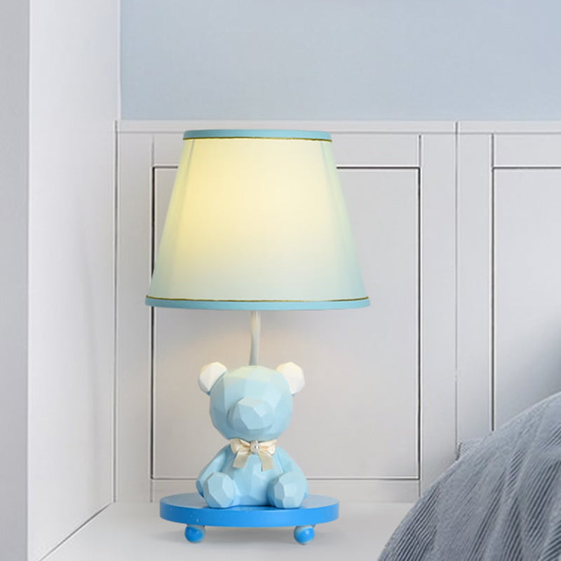 Cartoon Bear Nightstand Lamp With Barrel Shade - Blue/Pink Fabric Finish 1 Bulb Bedside Table