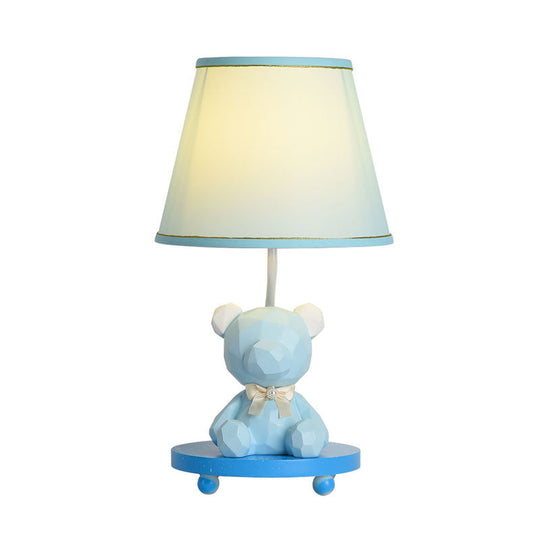 Zoe - Cartoon Barrel Shade Bedside Table Lamp Fabric 1 Bulb Cartoon Bear Nightstand Lighting in Blue/Pink