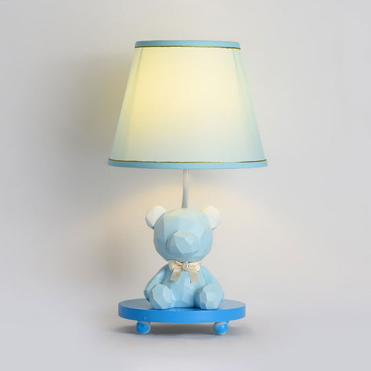 Zoe - Cartoon Barrel Shade Bedside Table Lamp Fabric 1 Bulb Cartoon Bear Nightstand Lighting in Blue/Pink