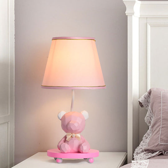 Zoe - Cartoon Barrel Shade Bedside Table Lamp Fabric 1 Bulb Cartoon Bear Nightstand Lighting in Blue/Pink