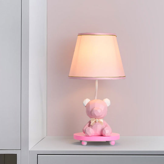 Zoe - Cartoon Barrel Shade Bedside Table Lamp Fabric 1 Bulb Cartoon Bear Nightstand Lighting in Blue/Pink