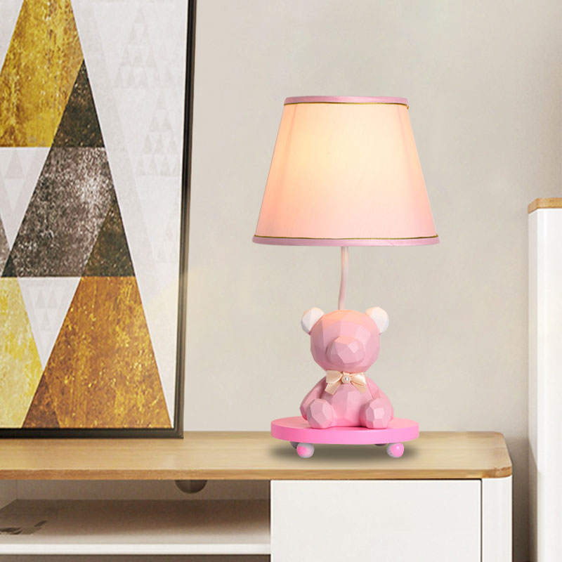 Zoe - Cartoon Barrel Shade Bedside Table Lamp Fabric 1 Bulb Cartoon Bear Nightstand Lighting in Blue/Pink