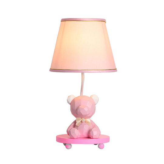 Zoe - Cartoon Barrel Shade Bedside Table Lamp Fabric 1 Bulb Cartoon Bear Nightstand Lighting in Blue/Pink