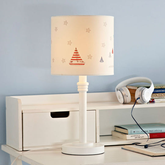 Hélène - Cartoon White Table Lamp with Drum Patterned Fabric Shade