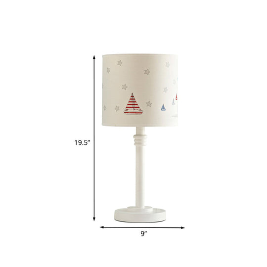 Cartoon White Table Lamp With Drum Fabric Shade - Single Bedroom Nightstand Light