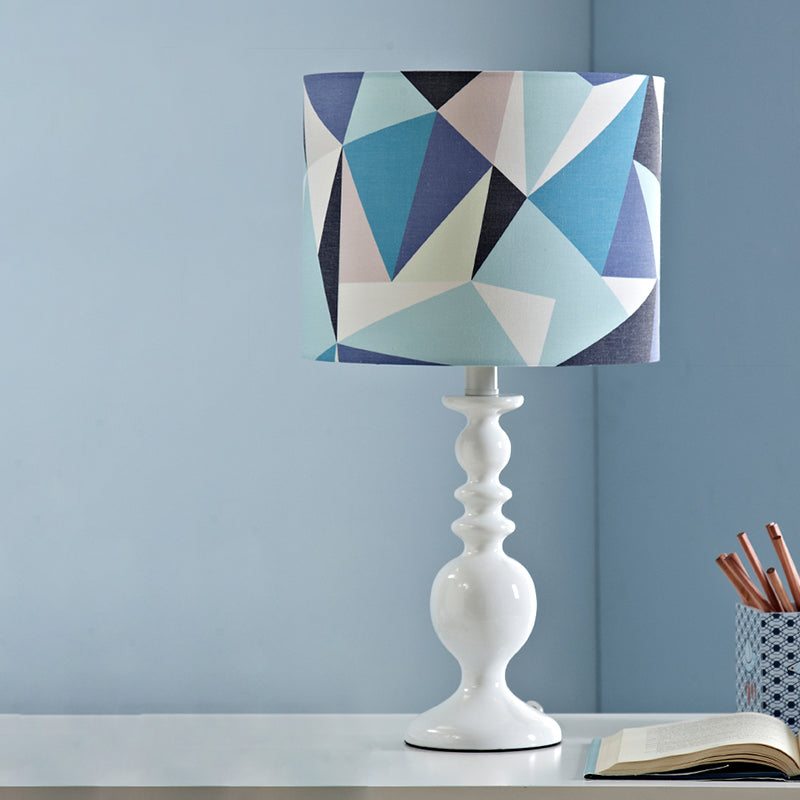 Justine - Geometric Drum Shade Night Table Light Kids Fabric 1 Head Pink/Blue Nightstand Lamp with Geometric Pattern