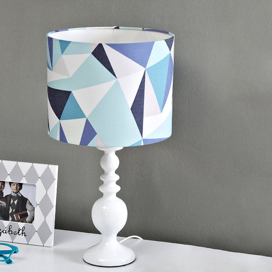 Justine - Geometric Drum Shade Night Table Light Kids Fabric 1 Head Pink/Blue Nightstand Lamp with Geometric Pattern