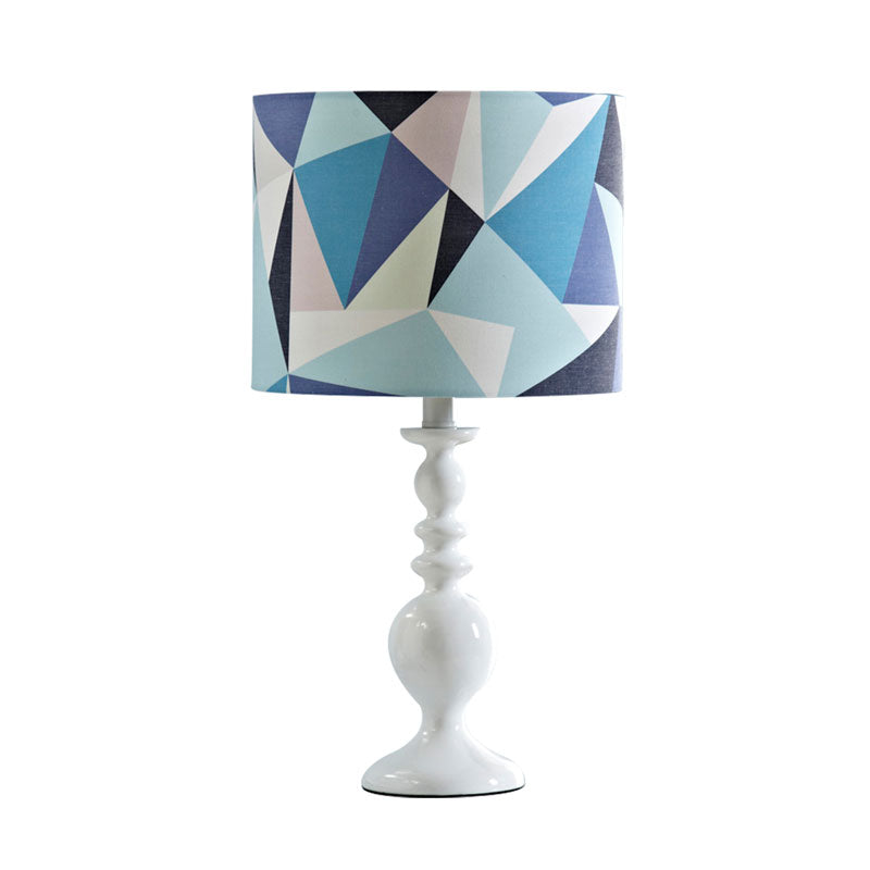 Kids Fabric Drum Shade Table Lamp With Geometric Pattern - Pink/Blue Nightstand Light