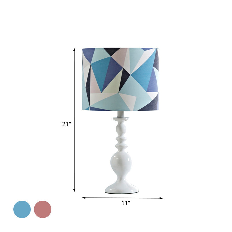 Justine - Geometric Drum Shade Night Table Light Kids Fabric 1 Head Pink/Blue Nightstand Lamp with Geometric Pattern