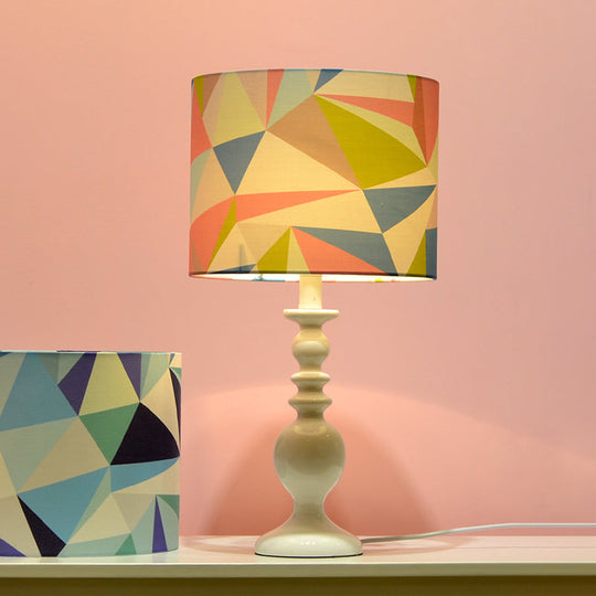 Justine - Geometric Drum Shade Night Table Light Kids Fabric 1 Head Pink/Blue Nightstand Lamp with Geometric Pattern