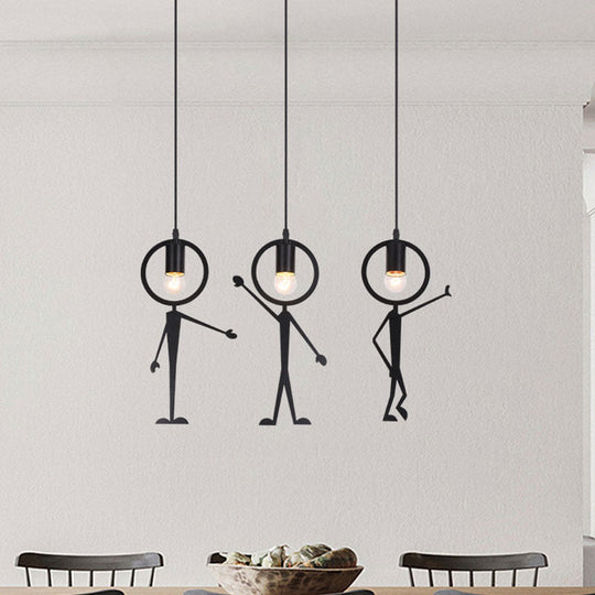 Modern 3-Head Black Suspension Lamp: Human-Like Iron Multi Light Pendant With Bare Bulb Design