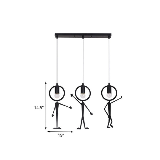 Modern 3-Head Black Suspension Lamp: Human-Like Iron Multi Light Pendant With Bare Bulb Design