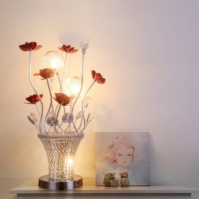 Country Red Led Potted-Flower Nightstand Light: Stylish Aluminum Wire Table Lamp With Chrome Finish