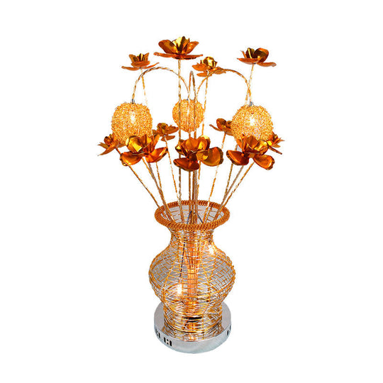 Art Deco Gold Vase And Floret Led Table Lamp: Aluminum Wire Night Lighting For Bedroom