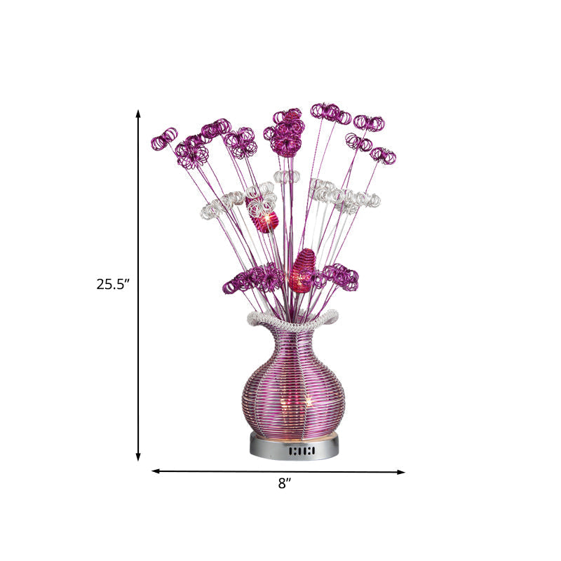 Art Deco Aluminium Wire Led Nightstand Lamp With Plant And Vase Design In Purple