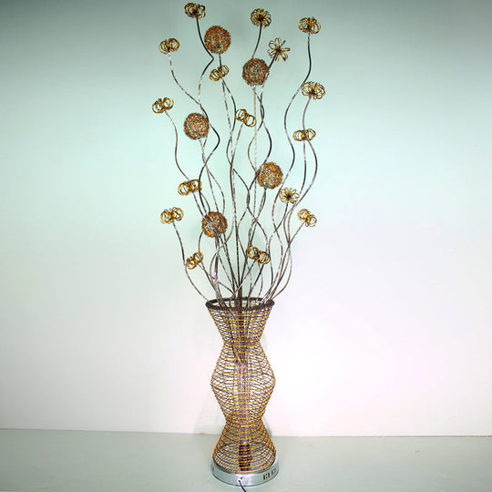 Golden Led Floor Lamp - Stylish Metallic Bamboo Basket Design With Flower Accents For Reading And